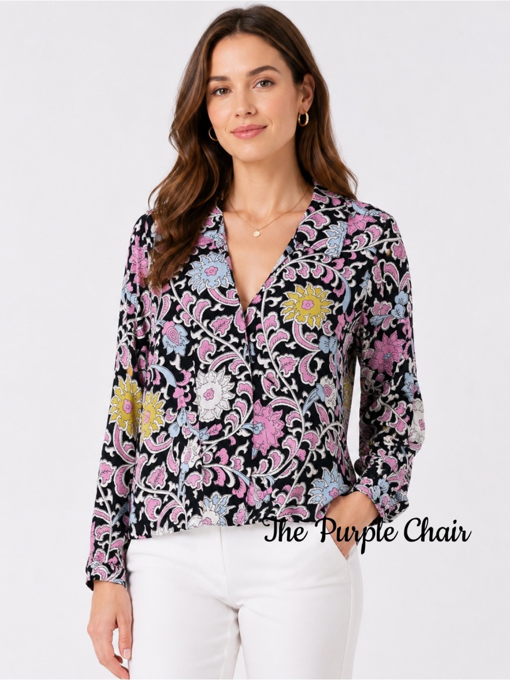CYNTHIA ROWLEY NWT Long Sleeve Floral Faux Wrap Top M
